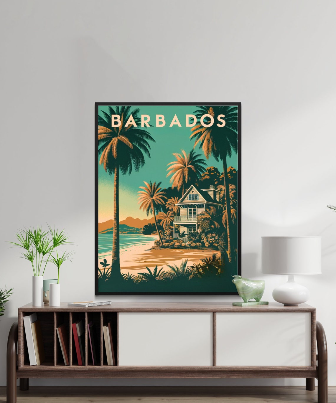 Barbados Retro Beach Cottage Palm Trees Emerald Travel Poster - Image 2