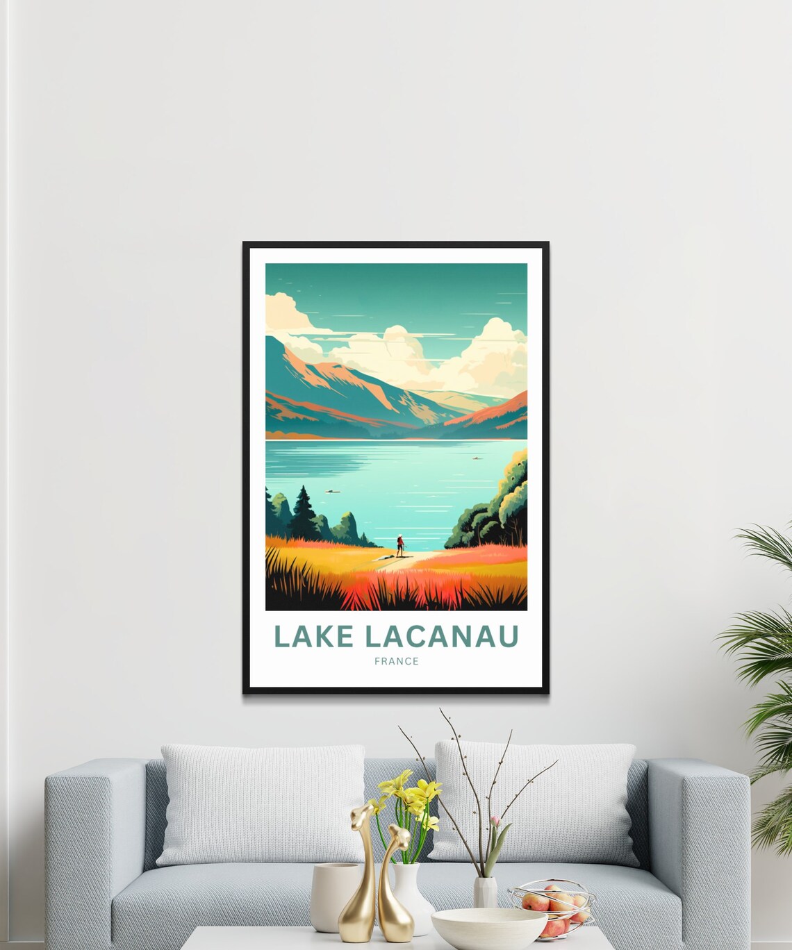 Lake Lacanau France Bold Orange Hills Teal Water Custom Poster - Image 3