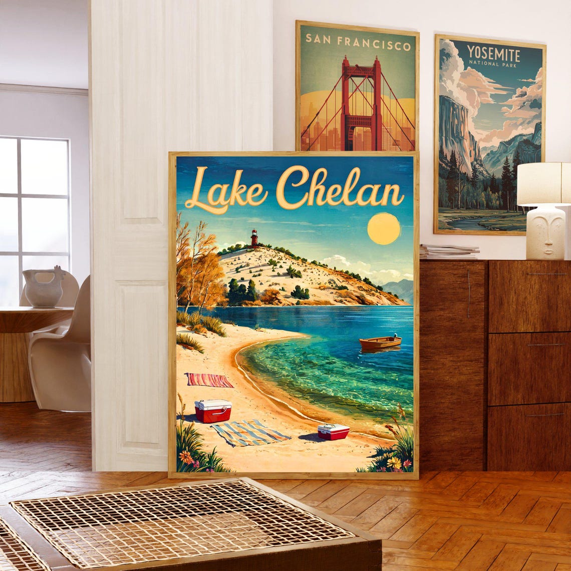 Lake Chelan Washington Vintage Beach Poster Lighthouse Hill Boat Scene - Image 5