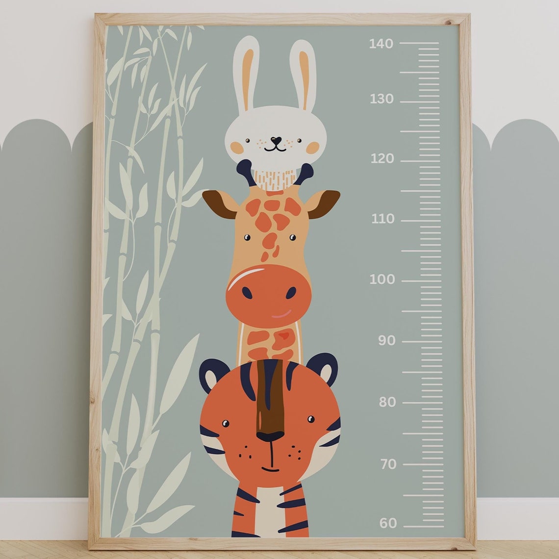 Stacked Giraffe Tiger Rabbit Height Chart Kids Growth Ruler Poster