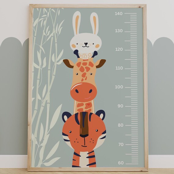 Stacked Giraffe Tiger Rabbit Height Chart Kids Growth Ruler Poster