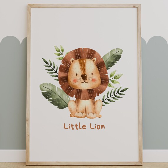 Little Lion Watercolor Tropical Leaves Cute Safari Nursery Poster