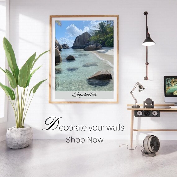 Seychelles Granite Boulders Turquoise Beach Photo Travel Print