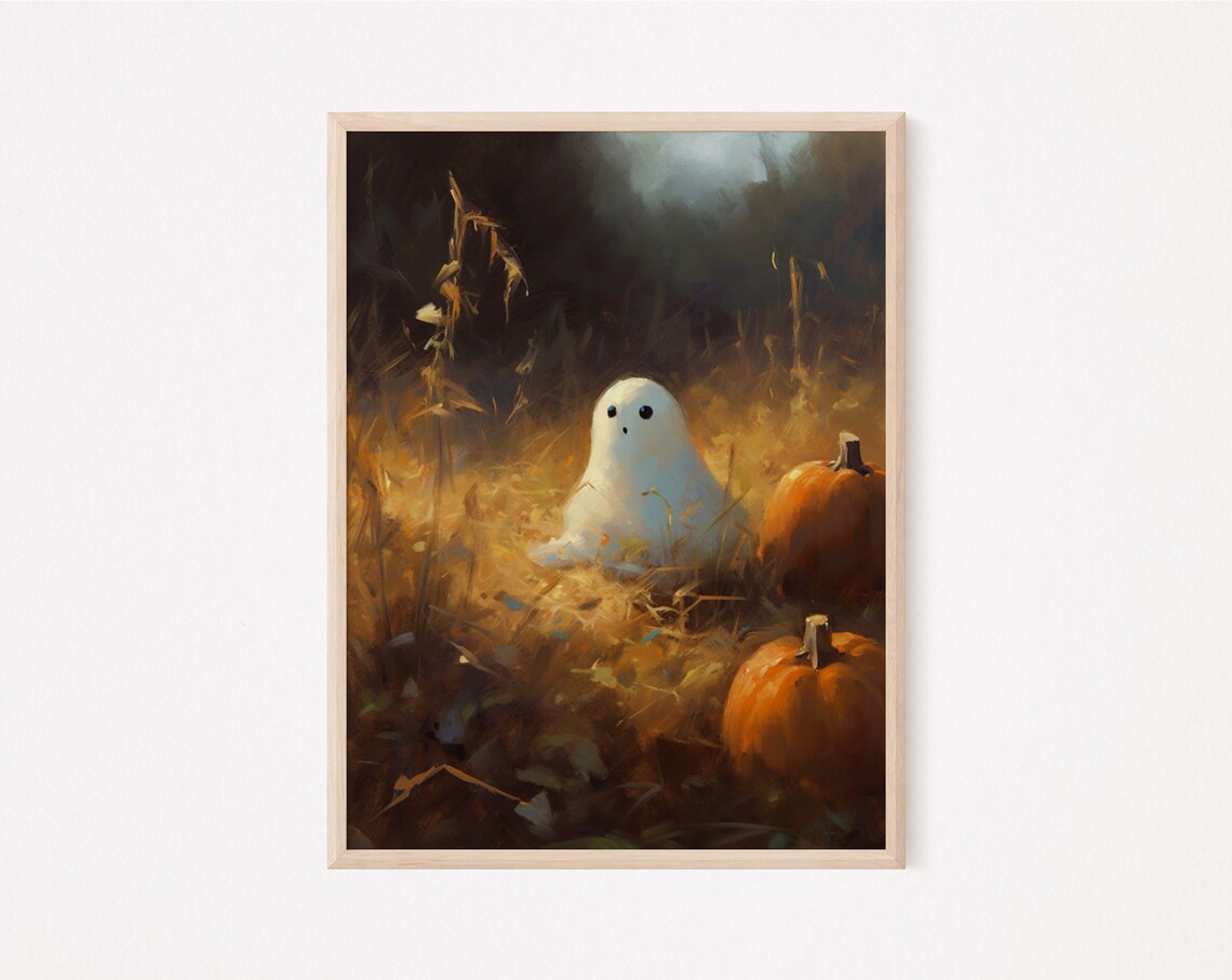 Cute Ghost Pumpkin Patch Night Vintage Halloween Oil Painting Wall Poster - Image 2