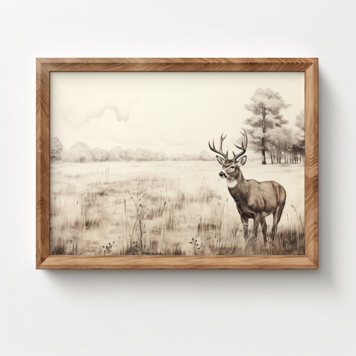 Vintage Deer Sketch Art Print, Rustic Farmhouse Decor