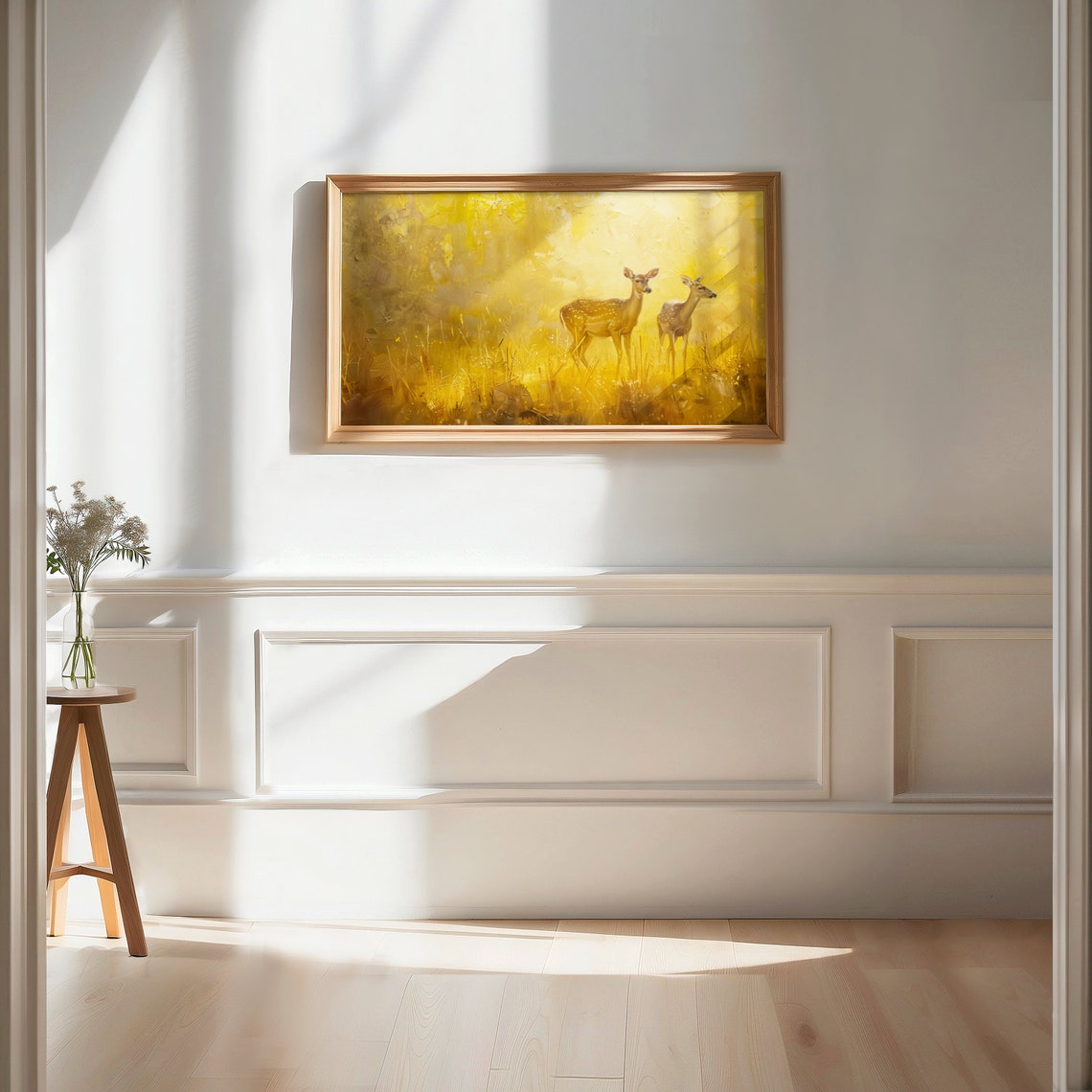 Two Deer Golden Sunlit Meadow Warm Impressionist Wildlife Poster - Image 2