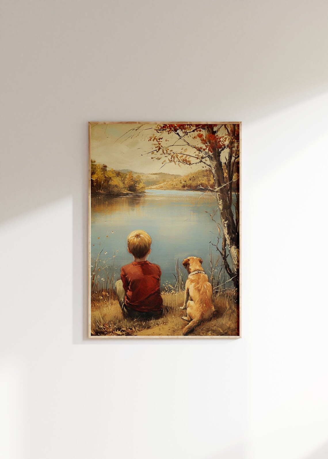 Boy and Dog By Pond Oil Painting Print, Rustic Farmhouse - Image 2