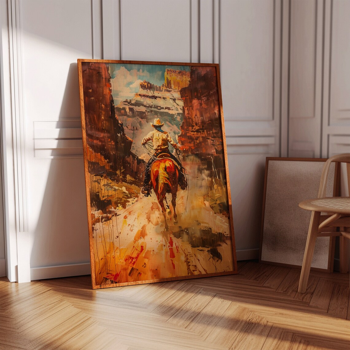 Western Cowboy Oil Painting, Vintage Rustic Art Print