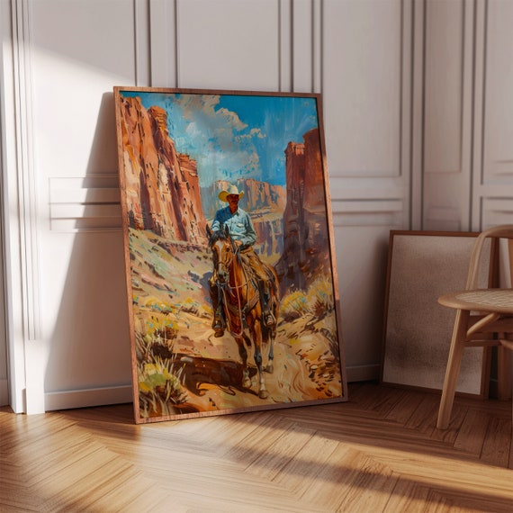Western Wall Art Cowboy Oil Painting Southwestern Decor Vintage Print Rustic Antique Boys Room Art