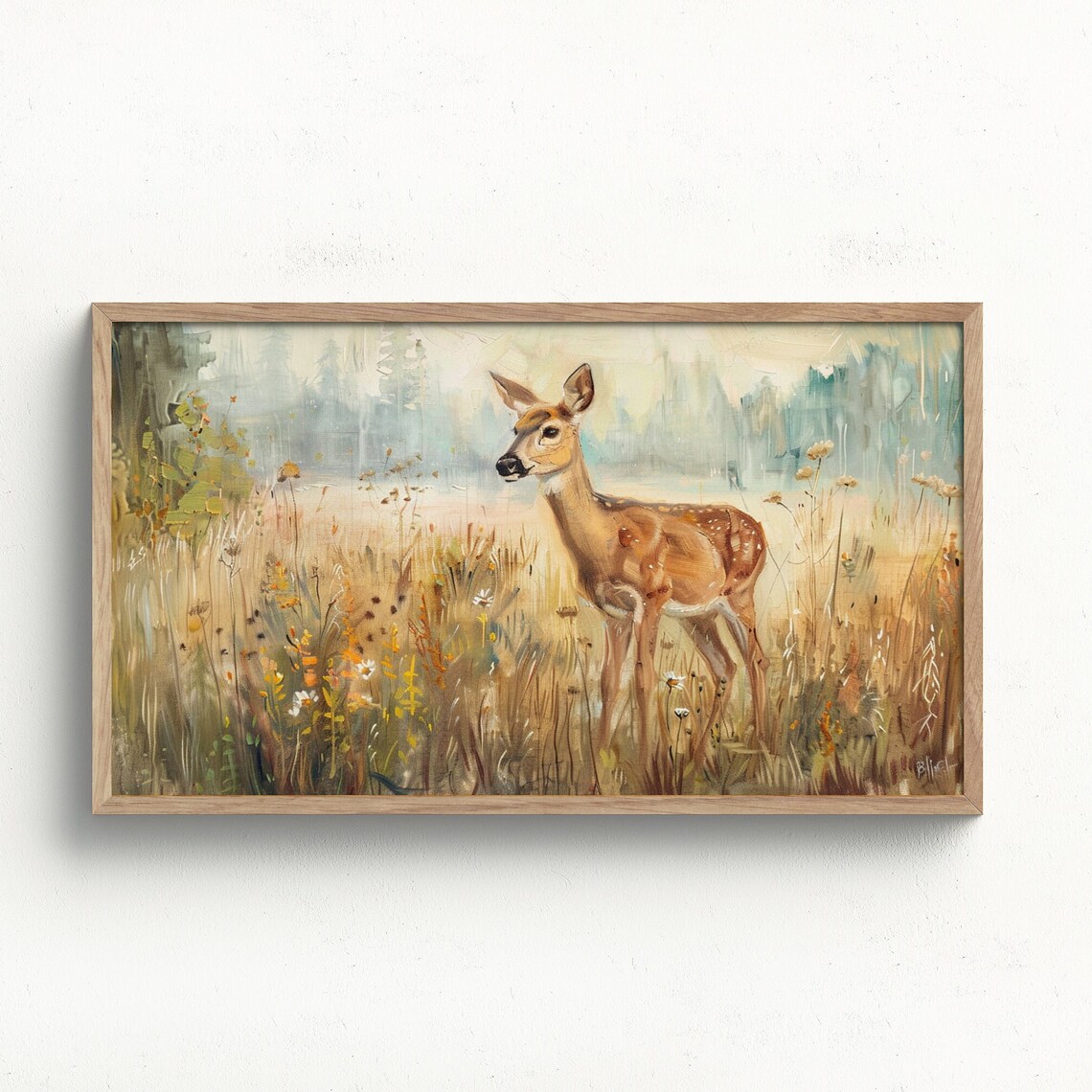 Deer Fawn in a Golden Wildflower Meadow Vintage Oil Painting Art Print