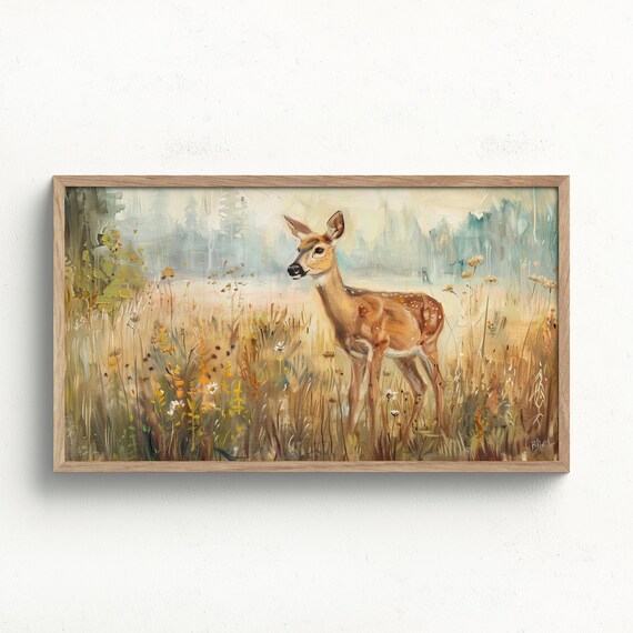 Deer Fawn in a Golden Wildflower Meadow Vintage Oil Painting Art Print