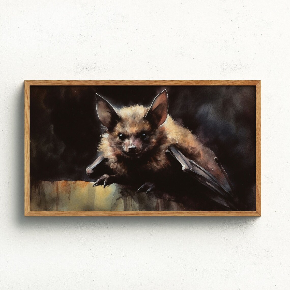 Realistic Bat Close Up Portrait Dark Moody Watercolor Animal Art Poster