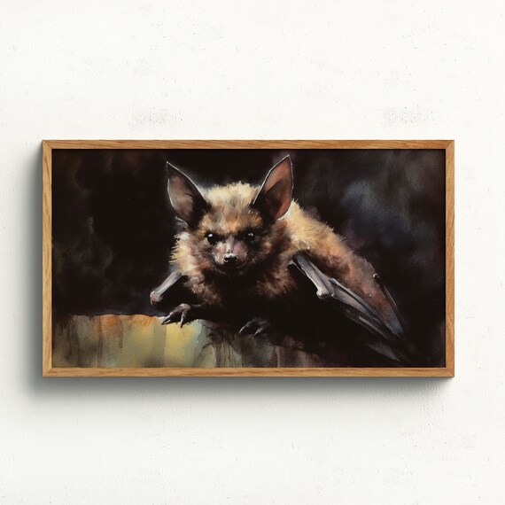 Realistic Bat Close Up Portrait Dark Moody Watercolor Animal Art Poster