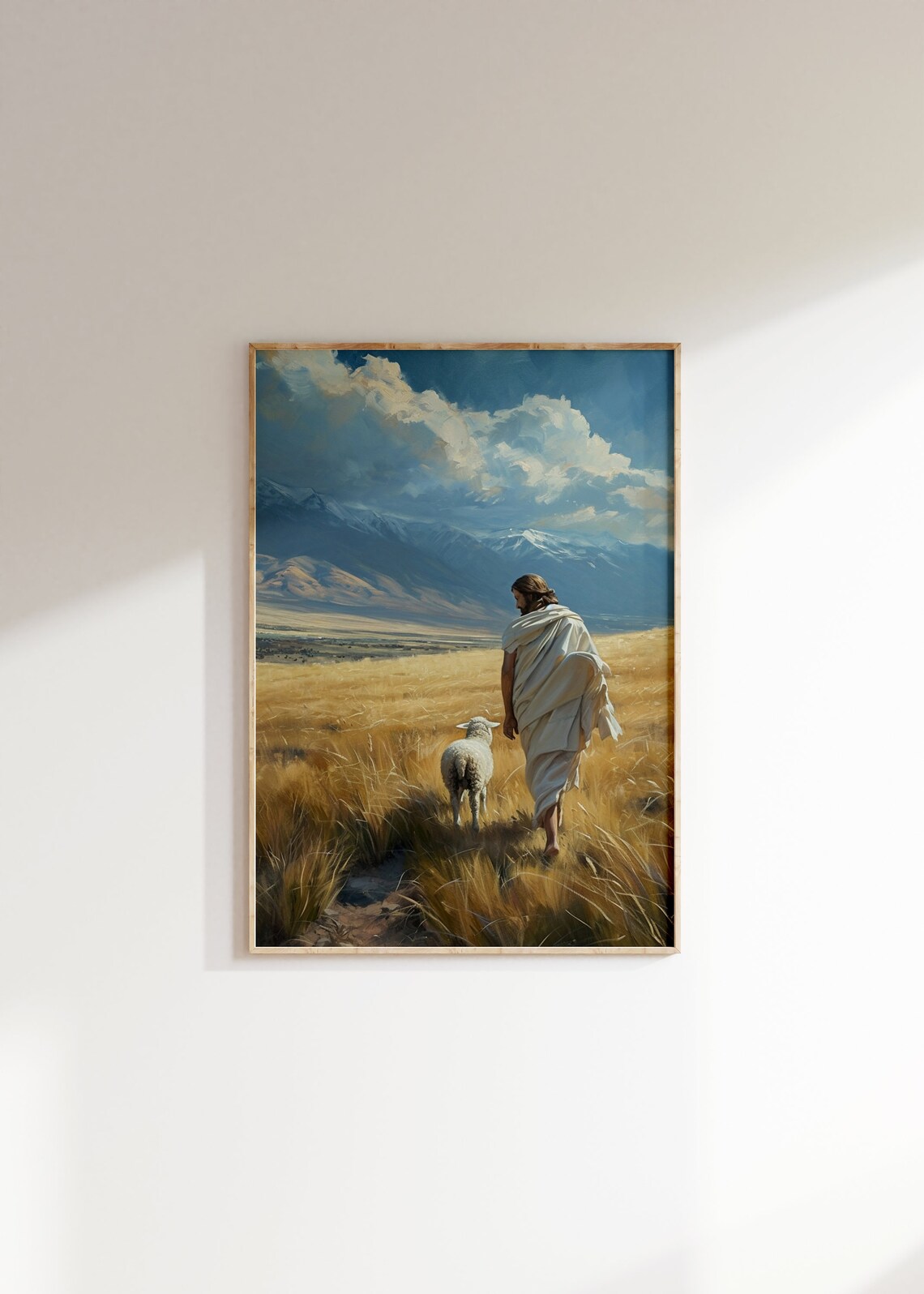 Jesus Good Shepherd With Lamb Golden Field Mountains Christian Art Poster - Image 2