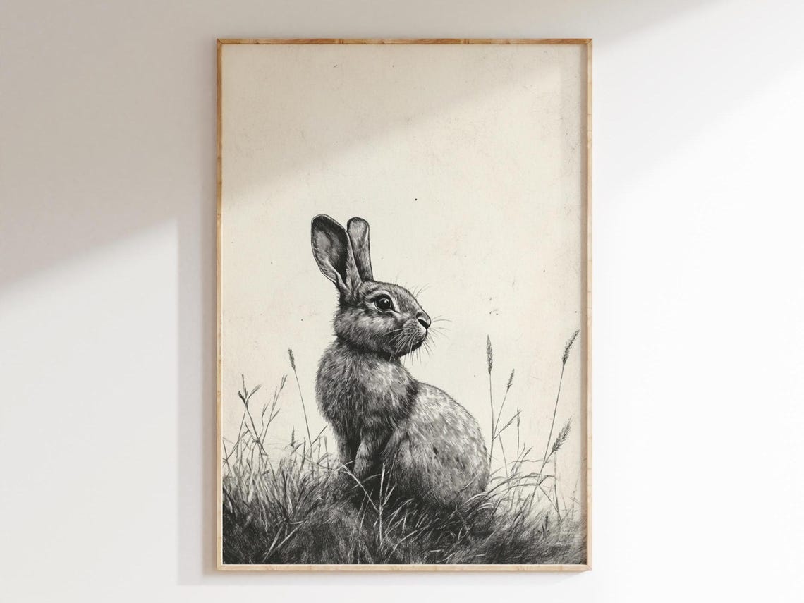 Minimalist Rabbit Sketch In Tall Grass Cream Background Art Poster