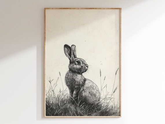 Minimalist Rabbit Sketch In Tall Grass Cream Background Art Poster