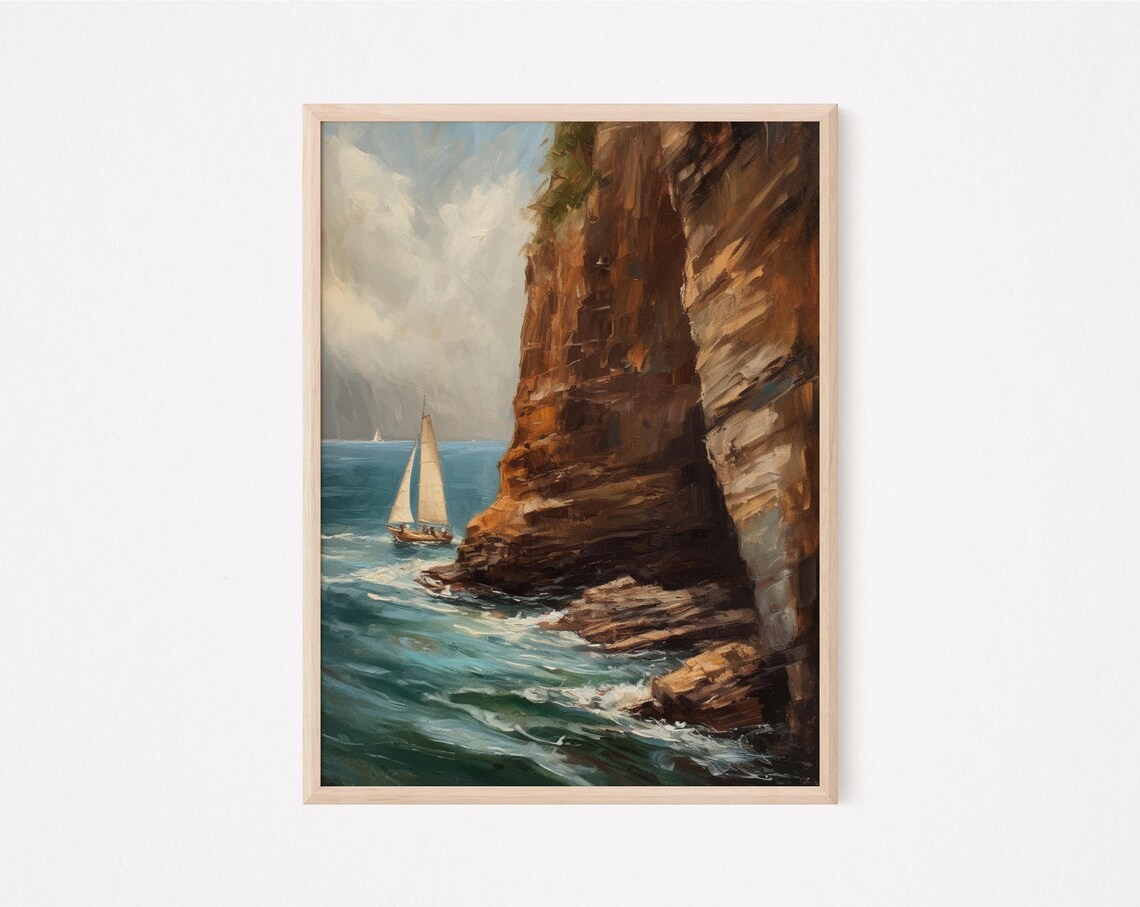 Vintage Ocean Cliff Sailboat Painting Summer Decor Print Seaside Nautical Ocean Wall Art Beach House Art - Image 2