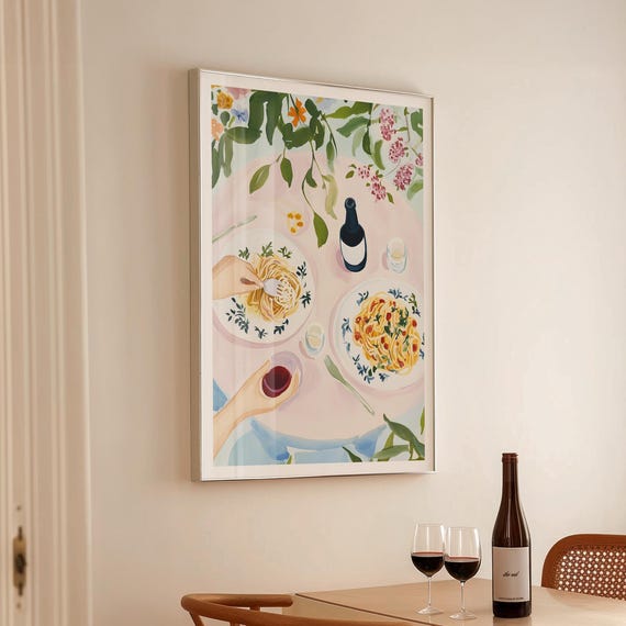 Romantic Italian Pasta Dinner Art Print, Floral Decor