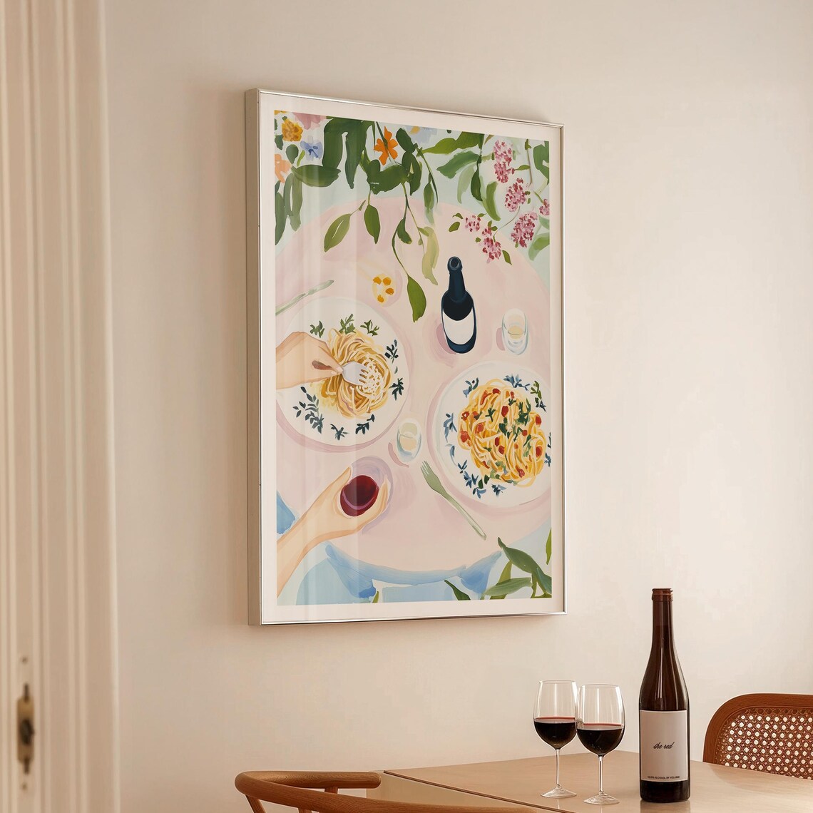 Romantic Italian Pasta Dinner Art Print, Floral Decor