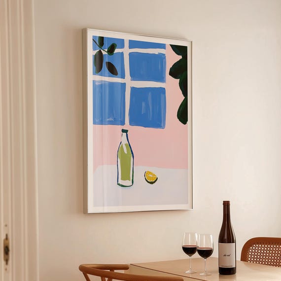 Mediterranean Lemon Bottle Art Print Coastal Kitchen Window