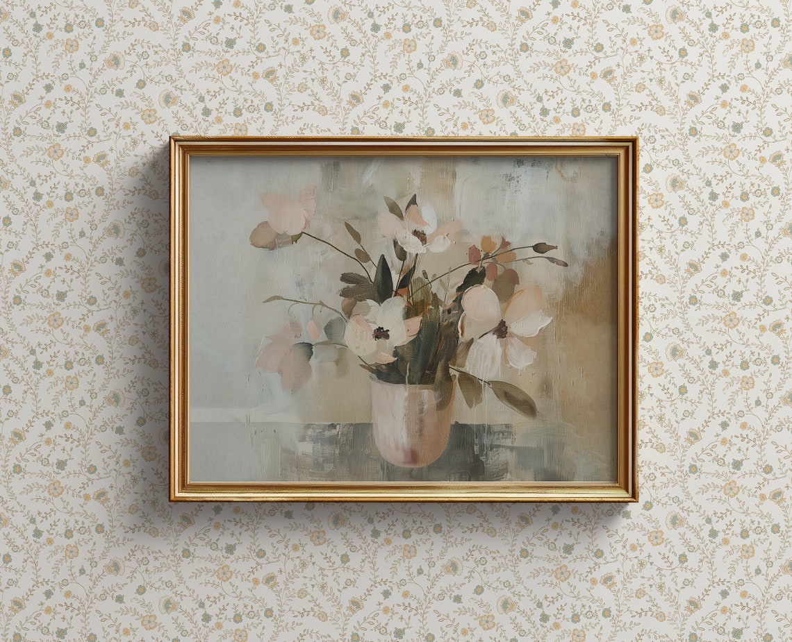 Soft Neutral Floral Still Life Oil Painting Botanical Cottage Wall Art