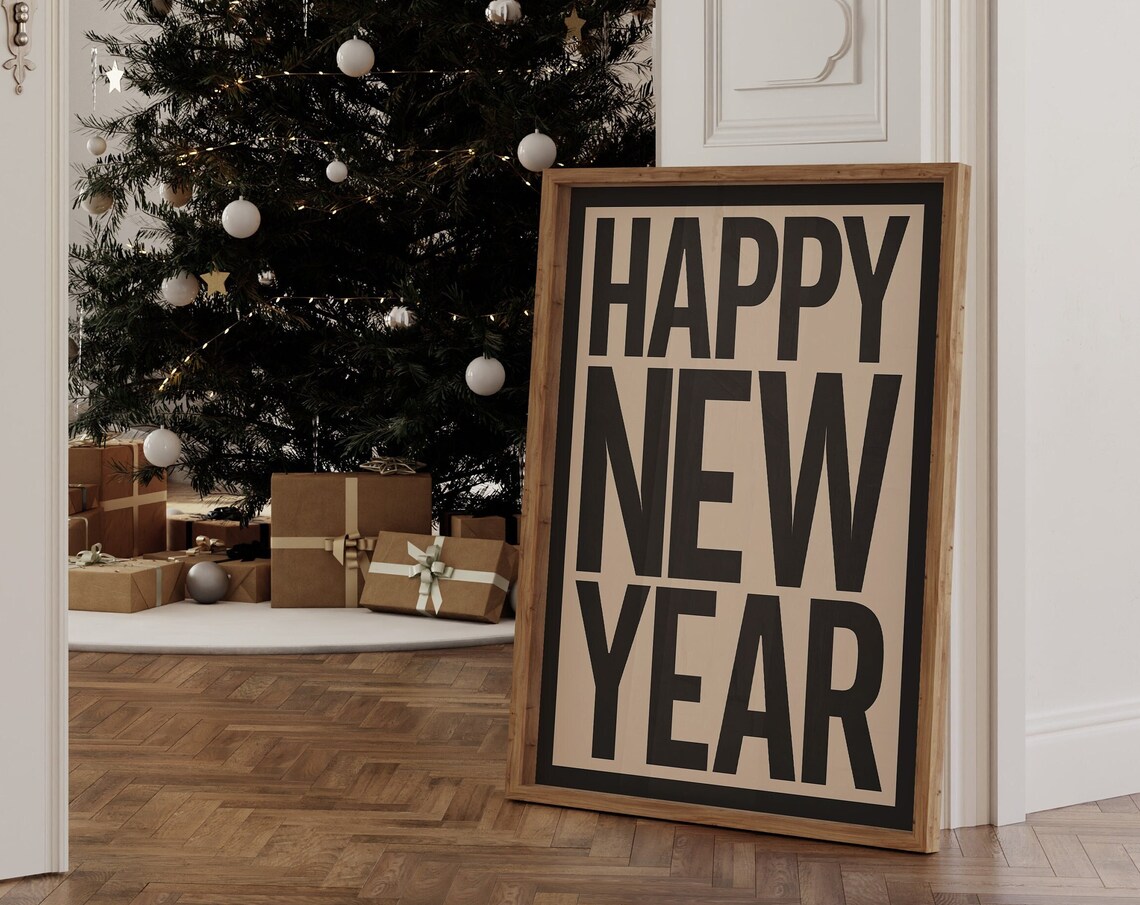 Happy New Year Bold Black Cream Modern Typography Party Wall Poster - Image 2