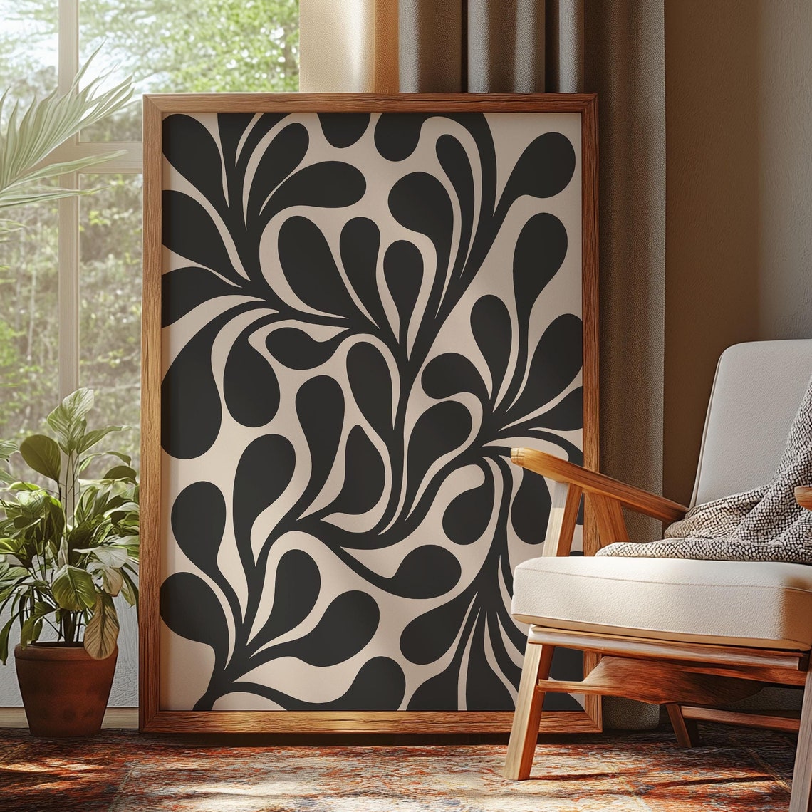Black Organic Leaf Pattern Mid Century Modern Wall Decor Poster