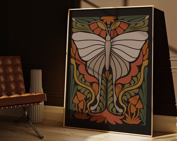 Retro Halloween Butterfly Wall Art with Dark Floral Moth and Mushrooms