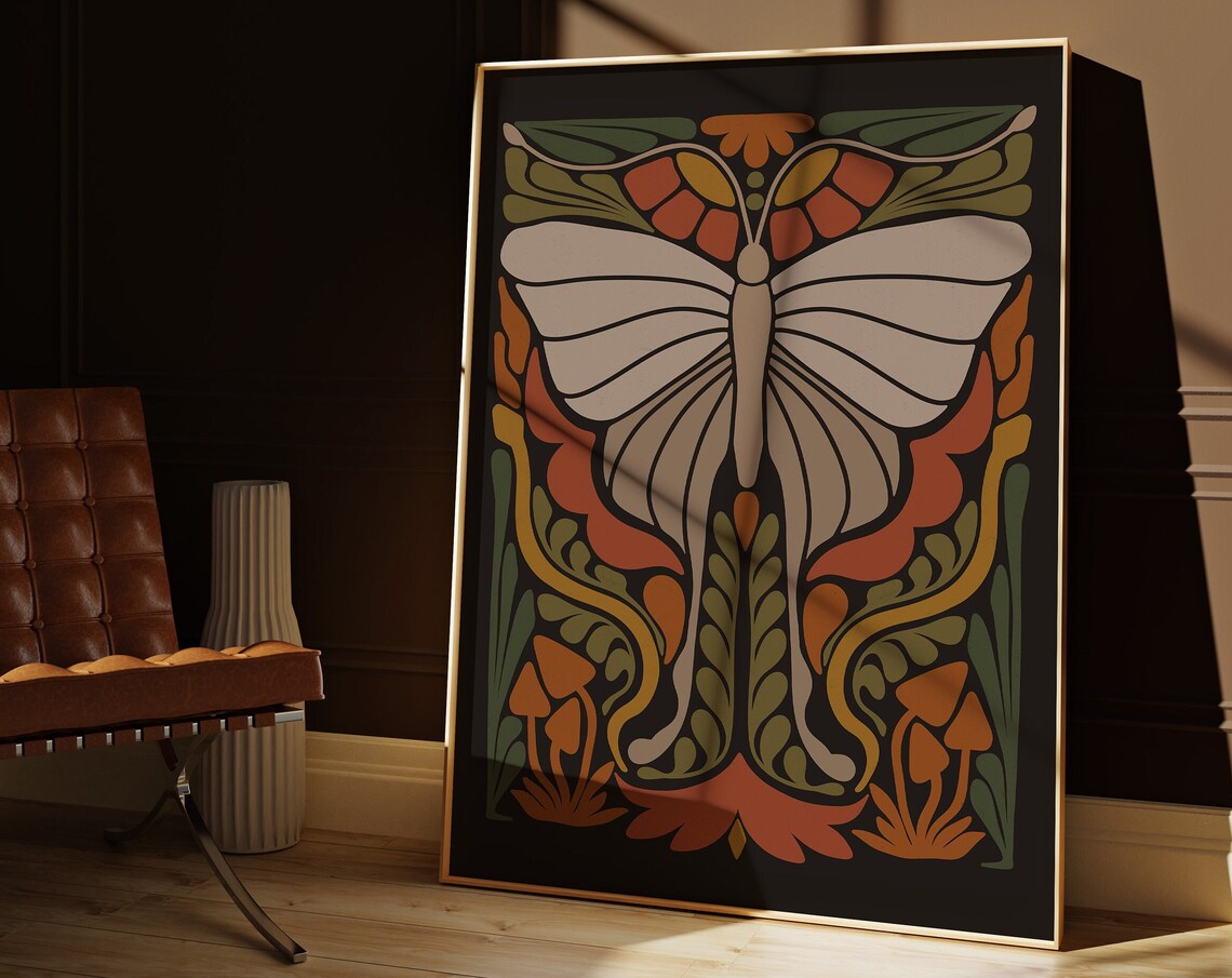 Retro Halloween Butterfly Wall Art with Dark Floral Moth and Mushrooms