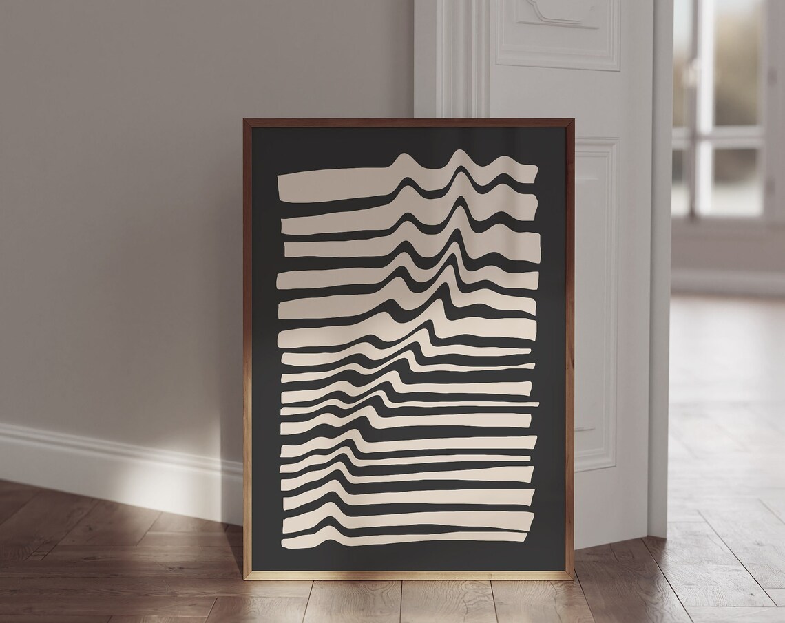 Beige Wavy Op Art Lines on Black Modern Abstract Decor Poster