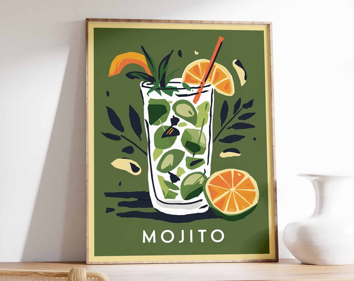 Mojito Cocktail Tall Glass Citrus Dark Green Bar Poster Decor