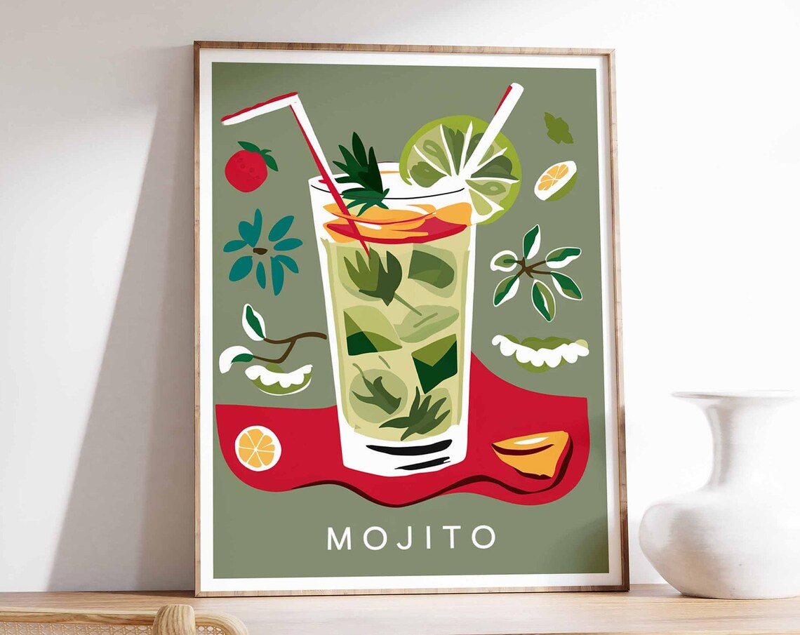 Mojito Cocktail Glass Lime Mint Sage Green Bar Decor Wall Art