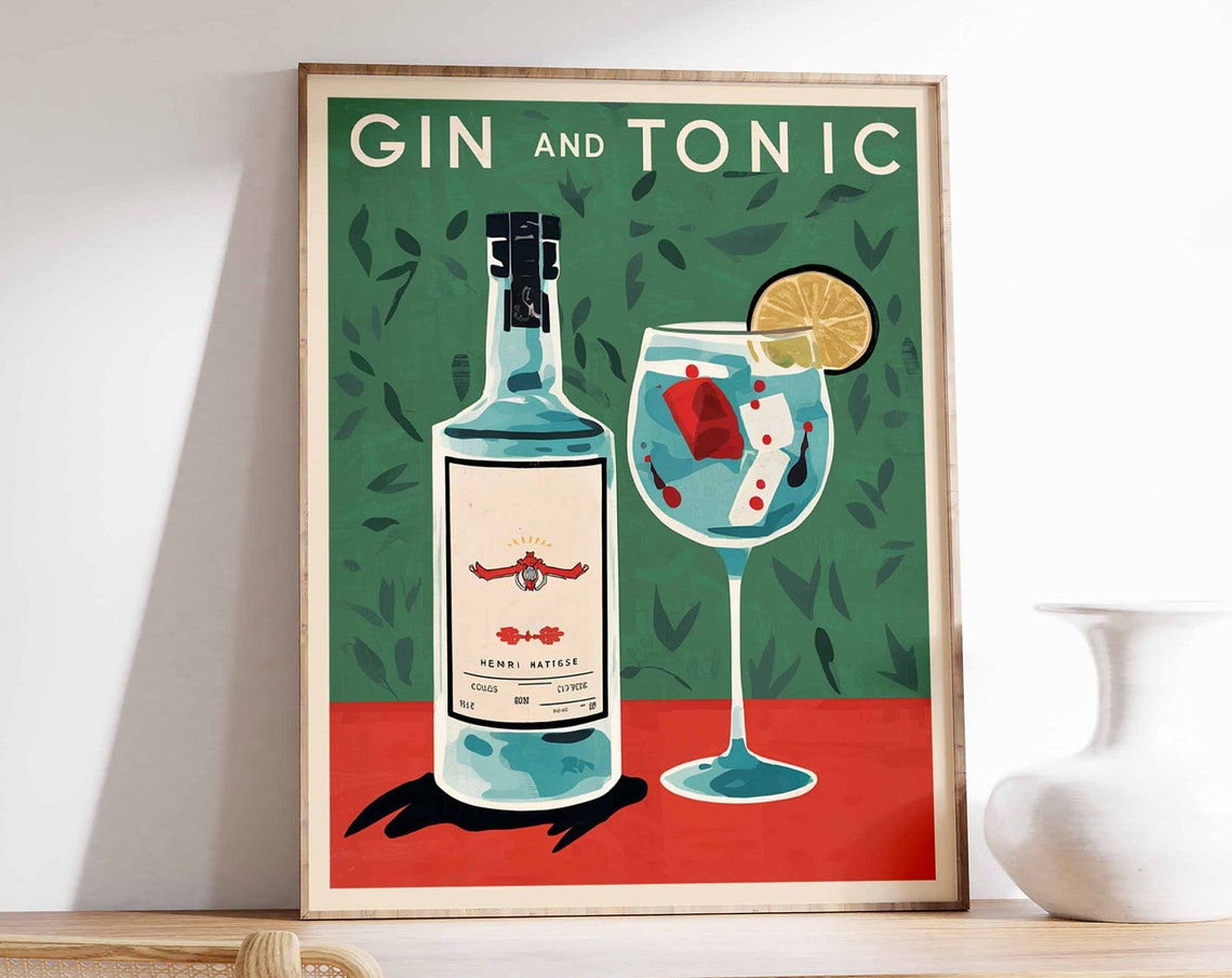 Gin and Tonic Botanical Green Confetti Cocktail Drink Poster