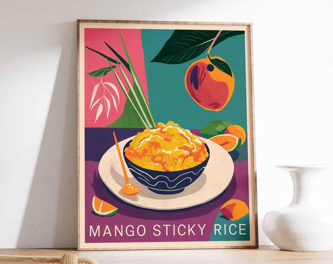 Mango Sticky Rice Bowl Thai Dessert Pink Teal Kitchen Wall Art