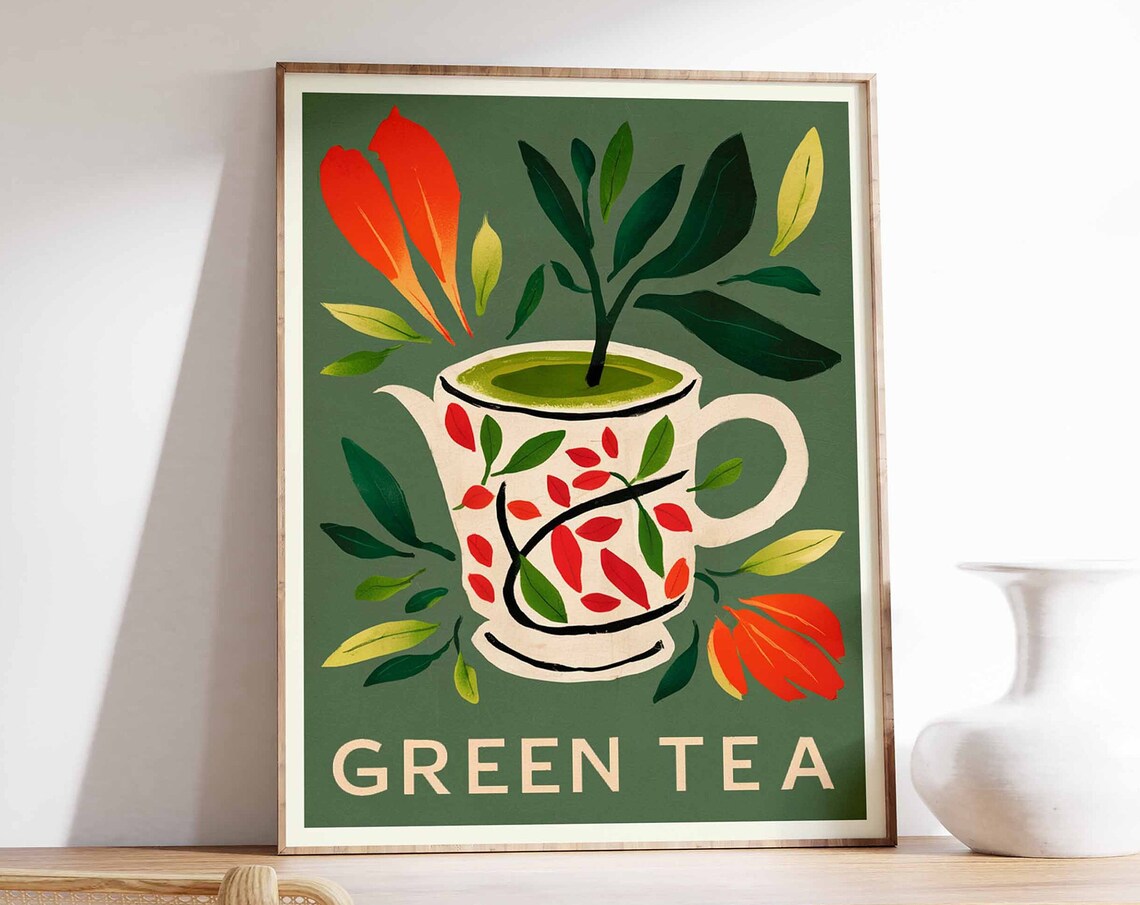 Green Tea Herbal Cup Botanical Leaves Wellness Kitchen Poster