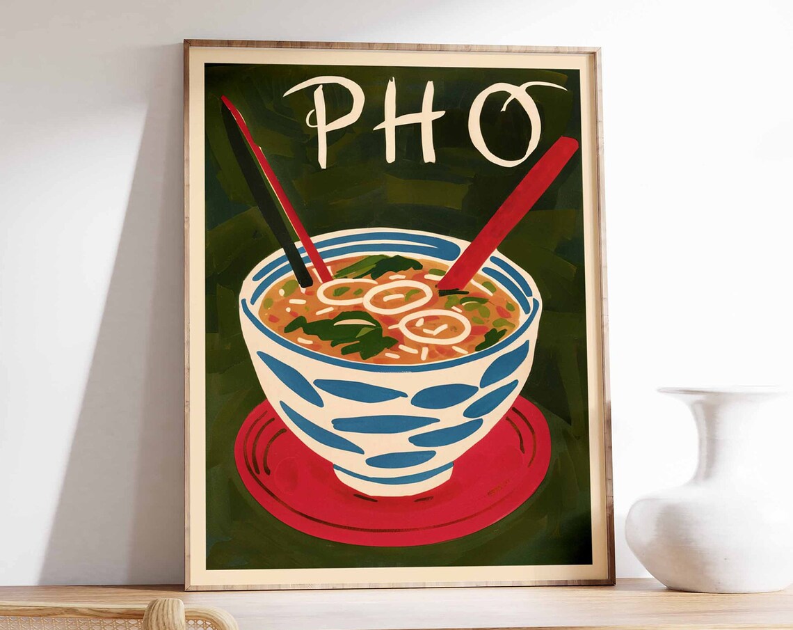Pho Vietnamese Noodle Soup Bowl Retro Kitchen Food Art Poster