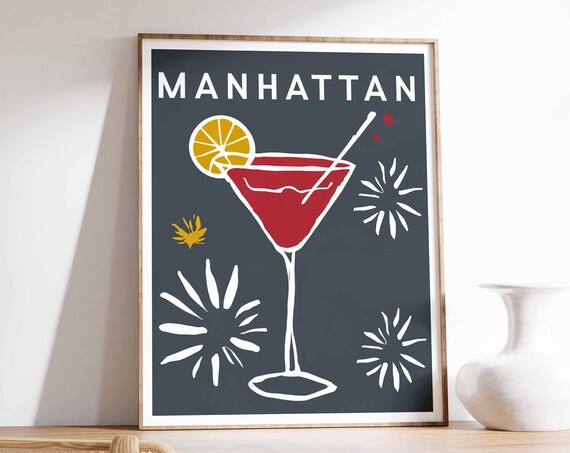 Manhattan Red Martini Glass Lemon Navy Retro Cocktail Bar Poster
