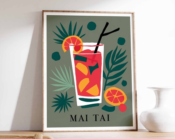 Mai Tai Red Tropical Glass Citrus Palm Retro Cocktail Bar Poster