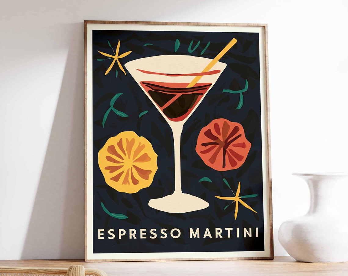 Espresso Martini Navy Botanical Citrus Retro Cocktail Poster
