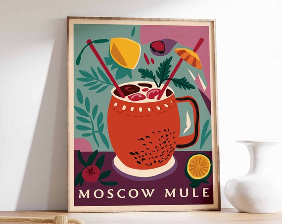 Moscow Mule Copper Mug Plum Cocktail Umbrella Tiki Bar Wall Art