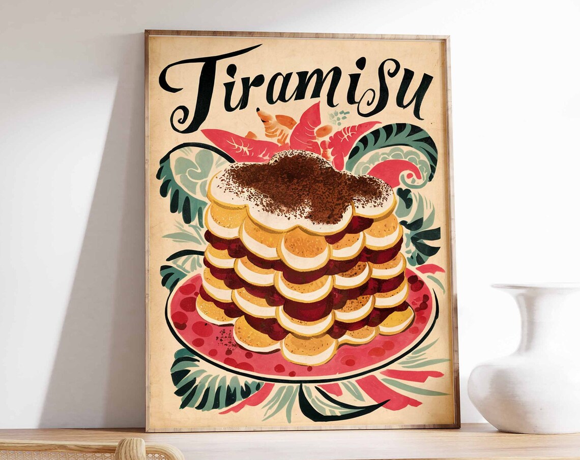 Tiramisu Layered Ladyfinger Cake Cocoa Tropical Floral Art Poster