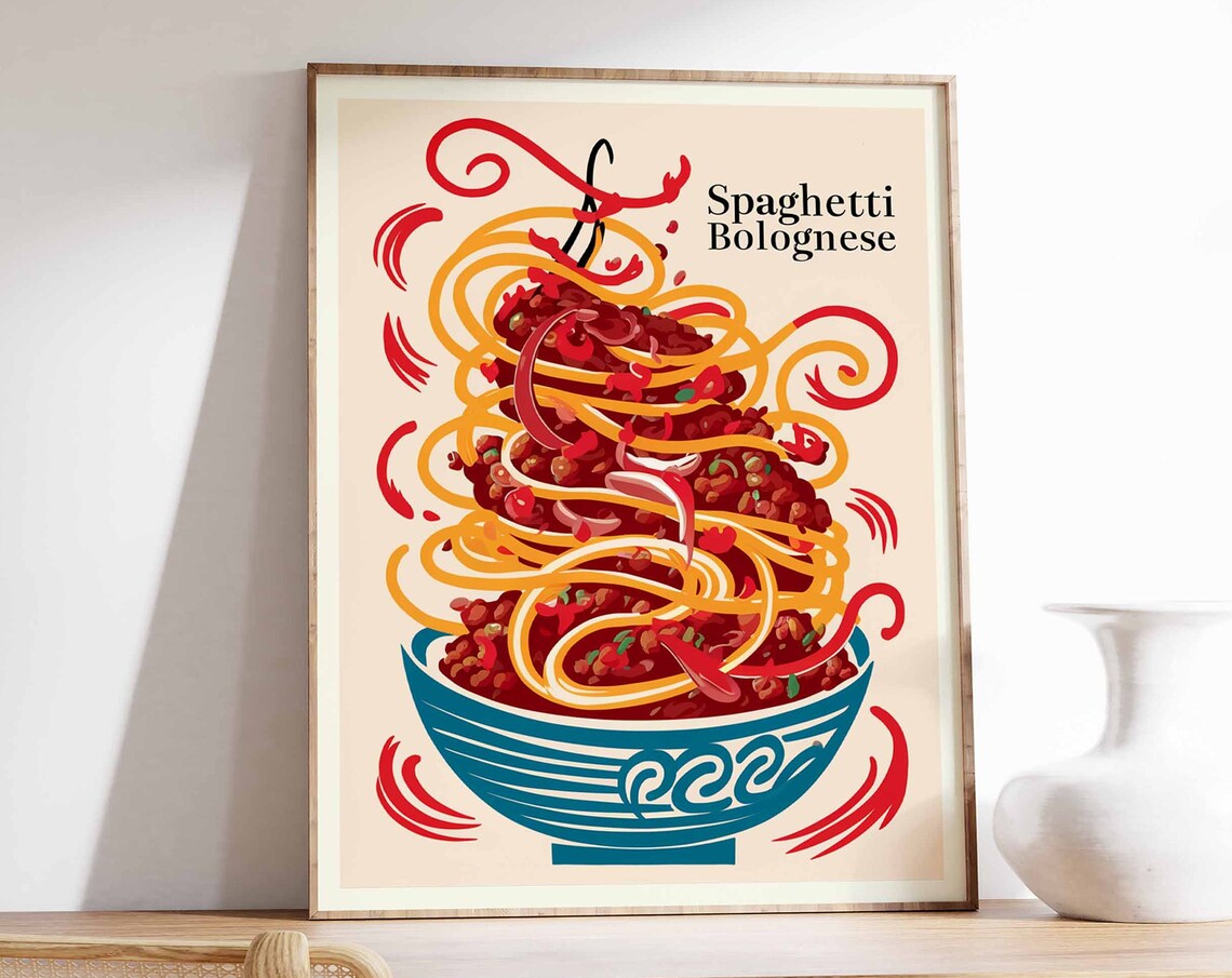Spaghetti Bolognese Tower Teal Bowl Playful Kitchen Art Poster