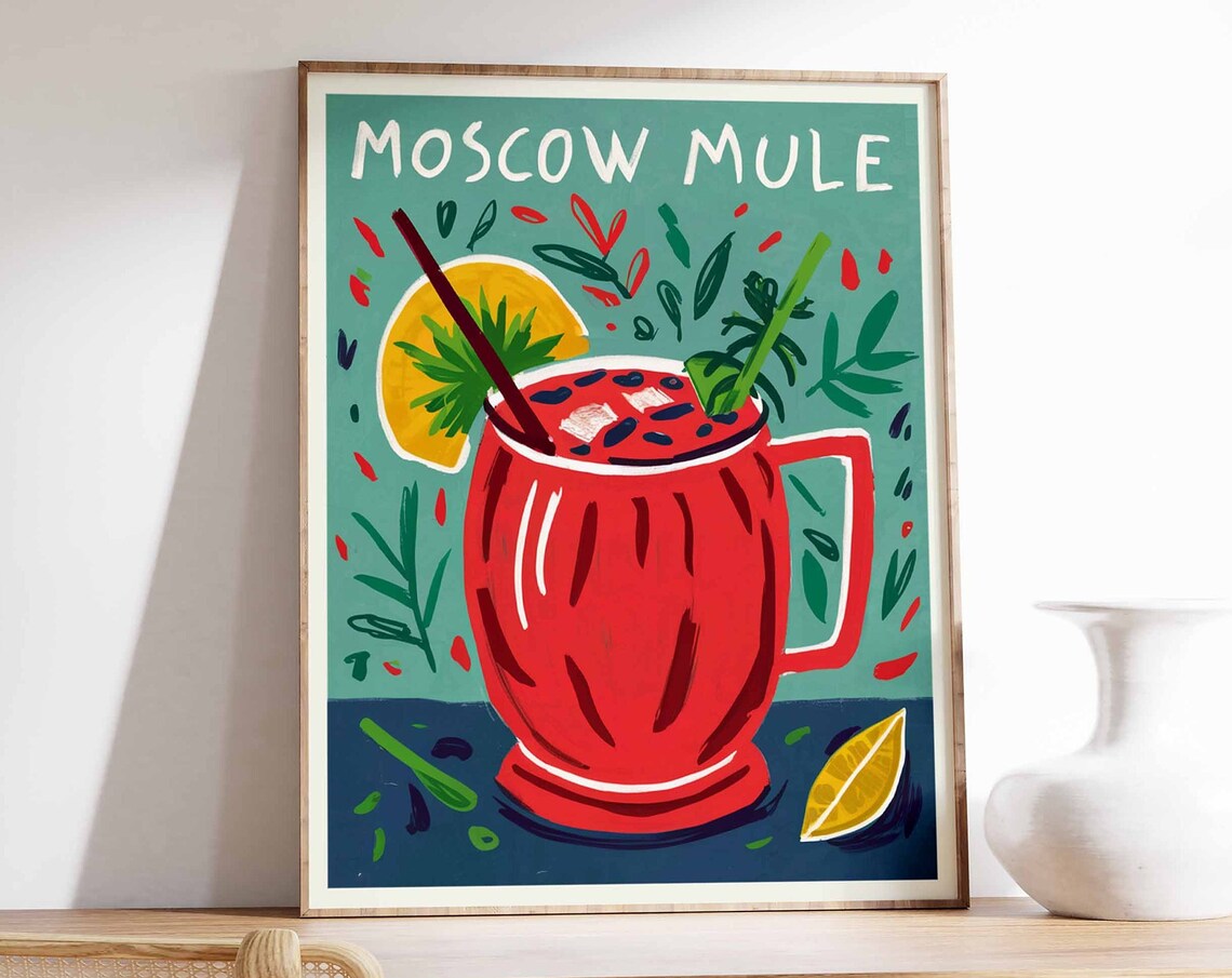 Moscow Mule Red Copper Mug Teal Botanical Cocktail Bar Poster