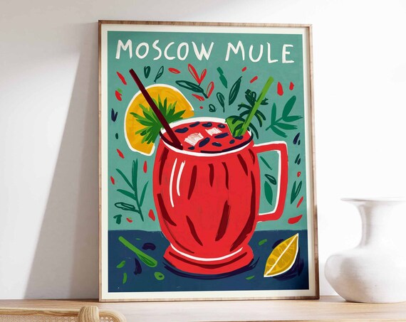 Moscow Mule Red Copper Mug Teal Botanical Cocktail Bar Poster