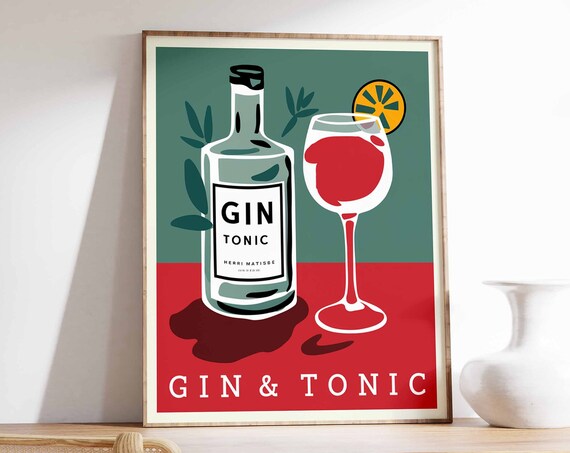 Gin and Tonic Bottle Glass Vintage Botanical Bar Drink Poster