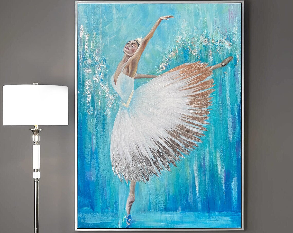 Ballerina White Tutu Dance Oil Painting Turquoise Abstract Art Poster - Image 2