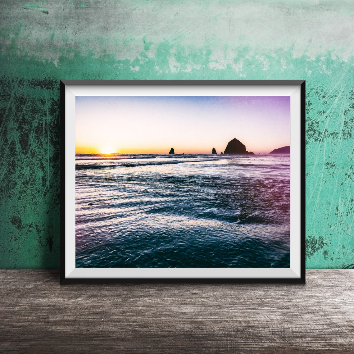 Haystack Rock Sunset Over Cannon Beach Oregon Coast Line Poster