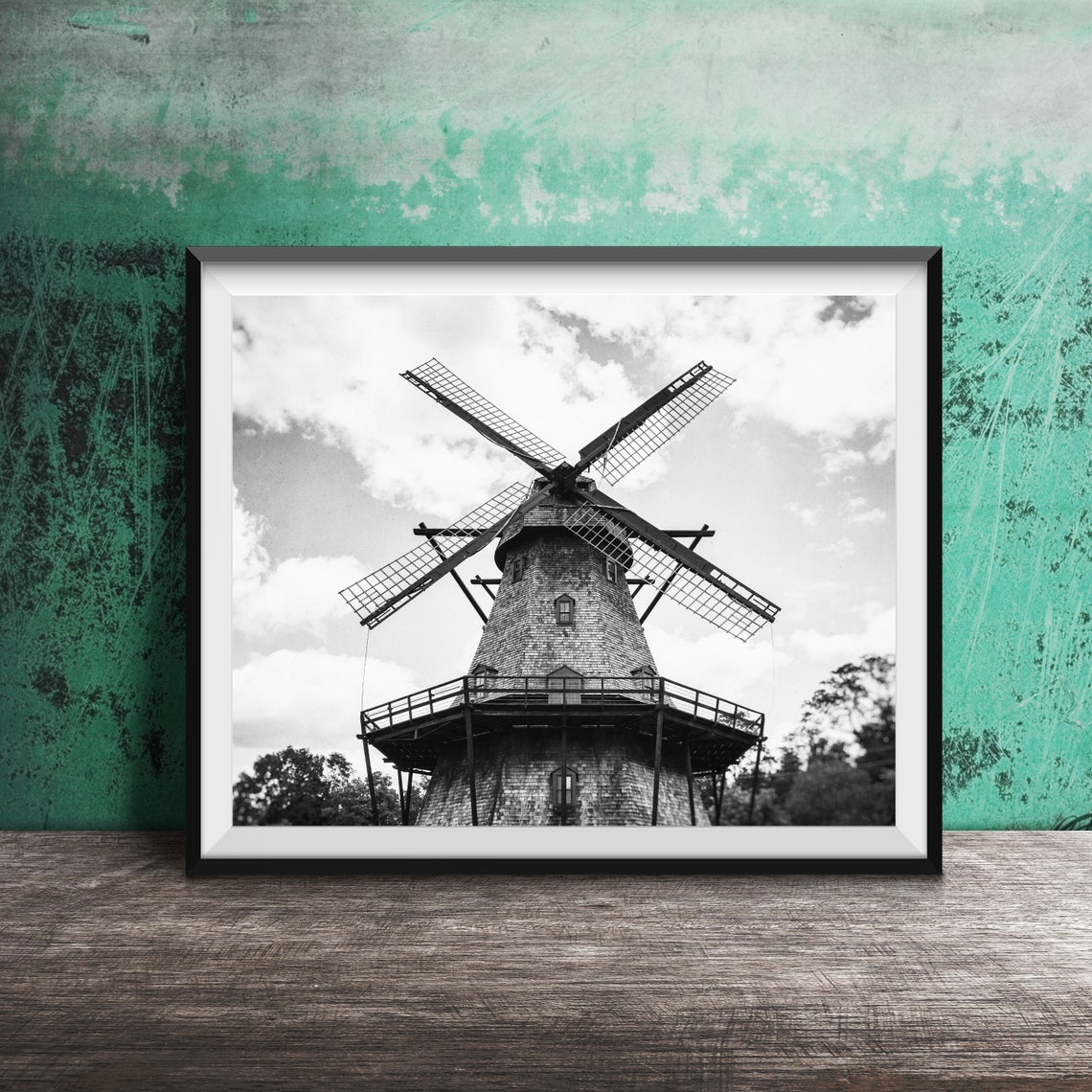 Historic Dutch Fabyan Windmill Under Bright Cloudy Blue Sky Poster - Image 2