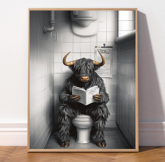 Highland Cow On The Toilet With Newspaper Funny Bahtroom Art Ai Black Prints Poster