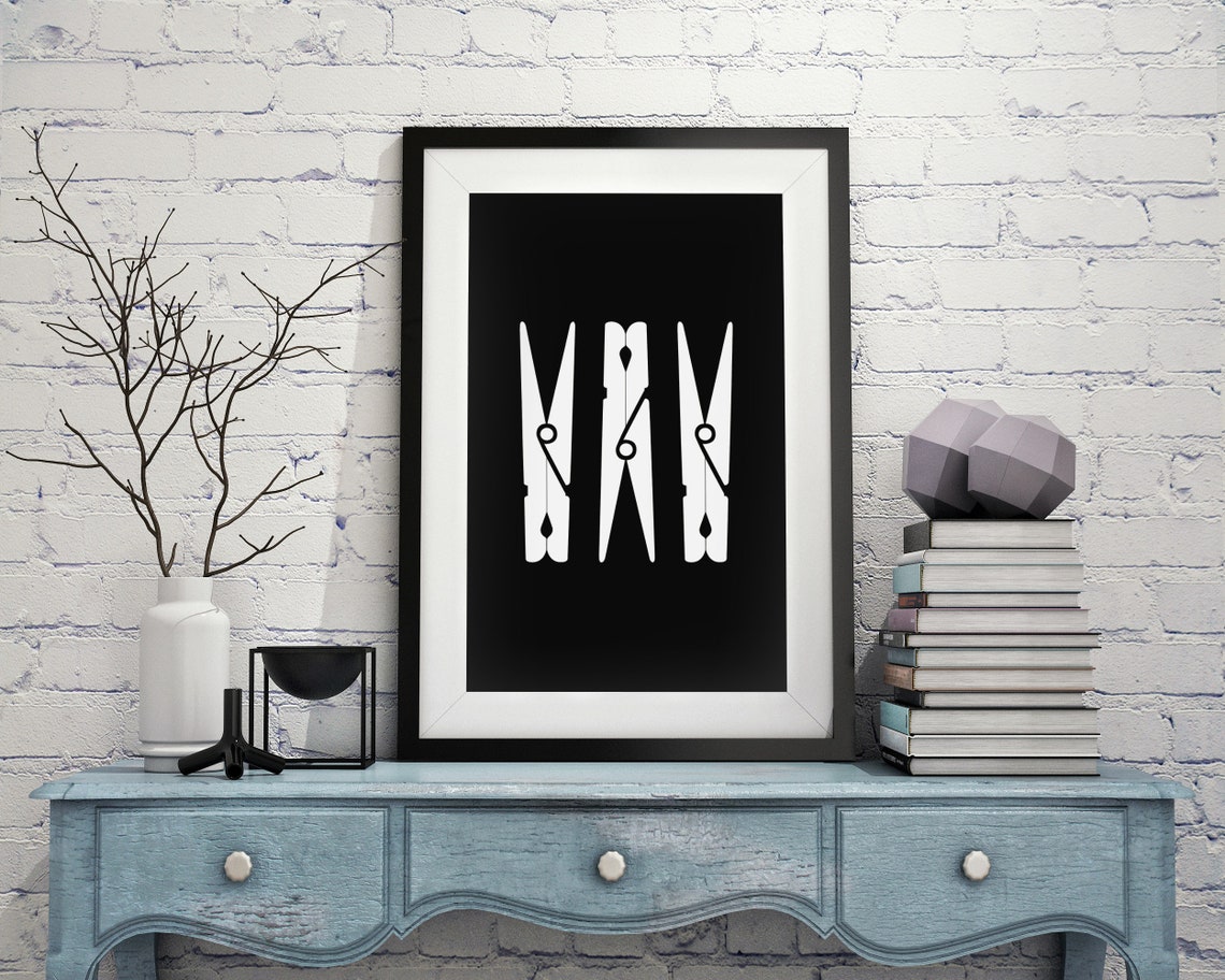 White Clothespins on Black Minimalist Laundry Room Art Poster